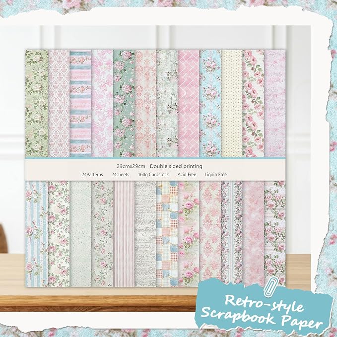 24 Sheets Scrapbook Paper Pink Vintage Floral Scrapbook Supplies