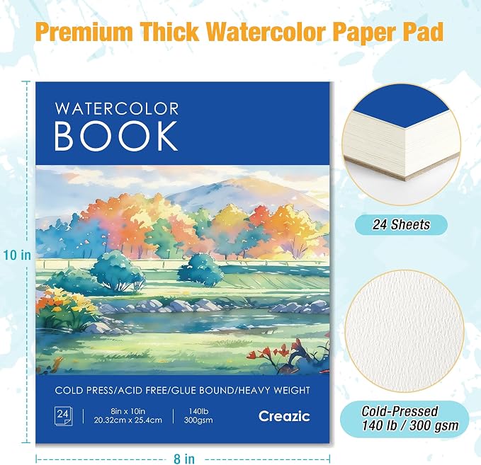 Creazic Watercolor Paper Pad 8"x10",140lb/300gsm Artist Paper, 24 Sheets