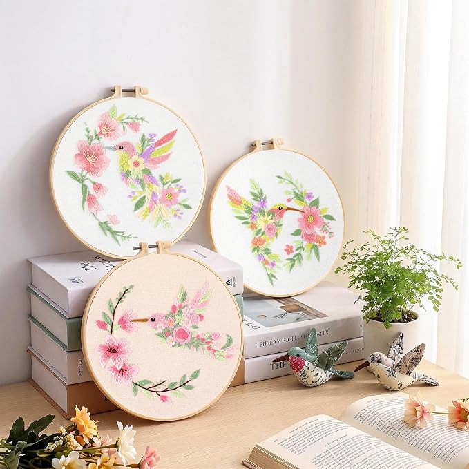 Mindsoft 3 Set Needlepoint Kit for Beginners with Hoop,Flower Hummingbird | Bamboo Hoop Thread Needles Instructions, Easy Hand Embroidery for Beginners Home Crafts,Pre-stamped Funny Cute Designs