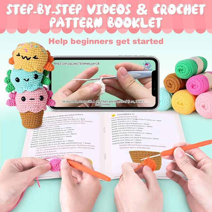 Crochetta Crochet Kit for Beginners, Crochet Starter Kit w Step-by-Step Video Tutorials, Beginner Crochet Kit for Adults Kids Women Men Complete Kit Included (Ice Cream Axolotls)