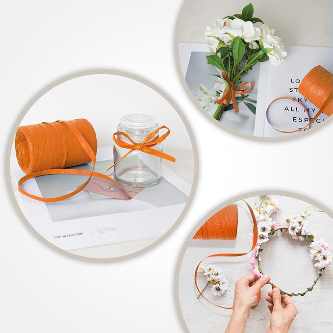 Raffia Ribbon Yarn for Crafts - Raffia Grass Twine for Gift Wrapping, DIY Decoration, Blinds & More | Matte String Paper Rope - 1/4'' Wide, 109 Yards, Orange