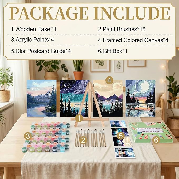 Ninonly Paint by Numbers Kit for Adults with Framed Canvas 4 Pack, Moon Night Paint by Number Arts Kits for Beginner with Wooden Easel, Acrylic Set, Brushes for Home Decor, 9 * 12 Inch