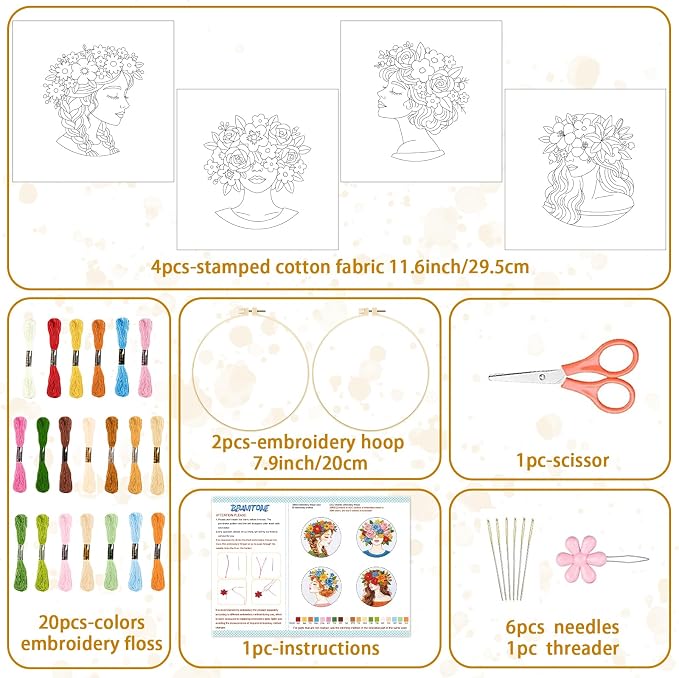BEUNITONE 4 Set Embroidery Kits for Beginners Adult with Pre-Print Pattern | 7.9x7.9" Include Embroidery Cloth Hoops Threads for Craft Lover, Beautiful Flower Lady Pattern for Women Home Decor
