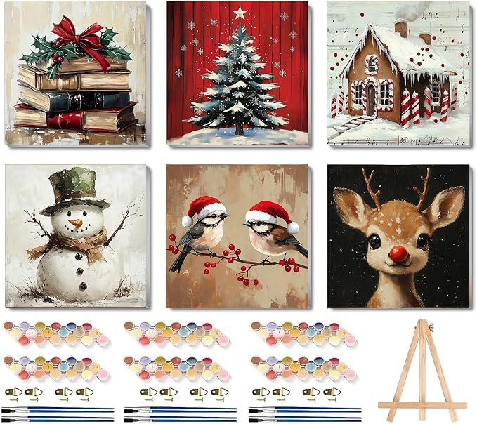 LWZAYS 6 Pack Christmas Paint by Numbers Kit for Adults with Frame, Easy Paint by Number for Adults Beginner with Wooden Easel, DIY Painting by Numbers Canvas Framed for Home Decor 8 x 8 Inch
