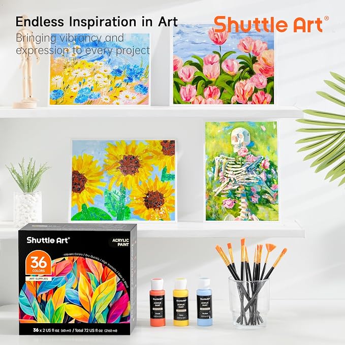 Shuttle Art Acrylic Paint, 36 Colors Acrylic Paint Set with Brushes & Palette, 2oz/60ml Bottles, Rich Pigments Non-toxic for Artists Kids & Adults, Painting on Canvas Rocks Ceramic Wood