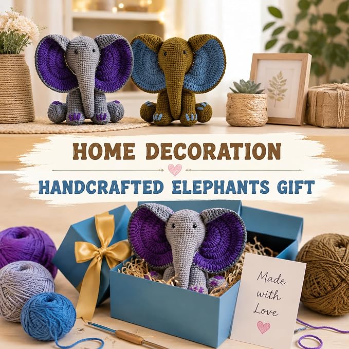 JYZJDKE Crochet Kit for Beginners Adults - DIY Amigurumi Elephant Knitting Starter Kit with Yarn Sets, Crochet Animal Kit Cute Stuffed Animal Craft Birthday Gifts (Grey Purple+Coffee Blue Elephant)