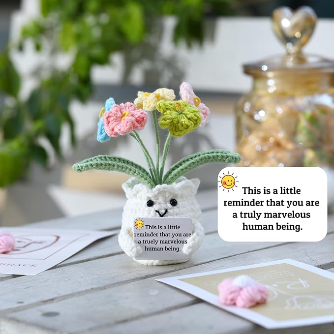 Forget-Me-Not Positive Crochet Flowers Plants Gift Handmade Desk Decor with Card “This is a Little Reminder” Appreciation Inspirational Gift for Coworkers Women Employee Teacher Best Friend Mom