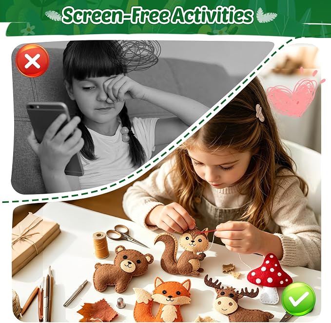 CiyvoLyeen Woodland Animals Craft Kit Kids DIY Crafting and Sewing Set Woodland Animals Felt Plushie for Girls and Boys Educational Beginners Sewing Set Sewing Kits for Kids Age 8 9 10 11 12