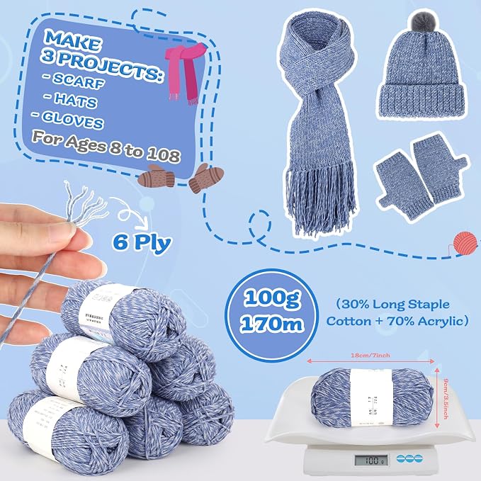 Coopay Knitting Kit for Beginners, Hat Scarf Glove Knitting Kit w/Guide | Learn to Knit Hat Scarf Glove, Knitting Starter Kit for Adults w/ 6pcs Yarn, w/Step-by-Step Tutorial, 4PCS Knitting Needles