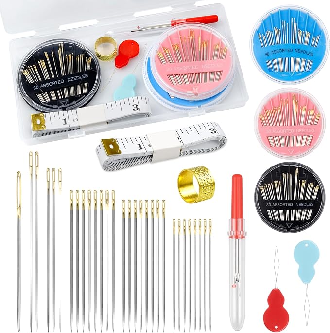 FIVEIZERO Premium Hand Sewing Needles Set,90-Count Assorted Embroidery Needles with threaders,Thread Removal Knife, Thimble,Soft Tape Measure for Hand Sewing Repair