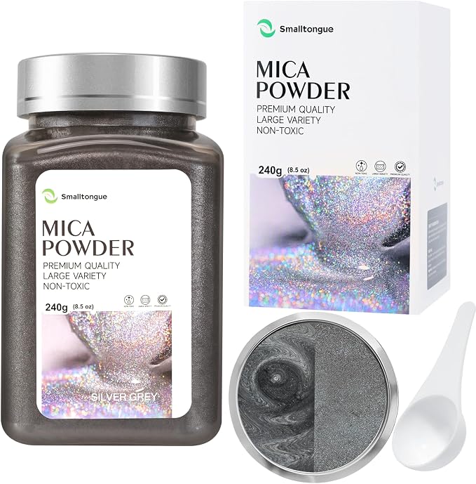 Mica Powder, Silver Grey, 240g with Scoop, Complies with ASTM D-4236 | For Epoxy Resin, Soap, Bath Bomb, Candle| Safety Material| Odorless| Brilliant Colors