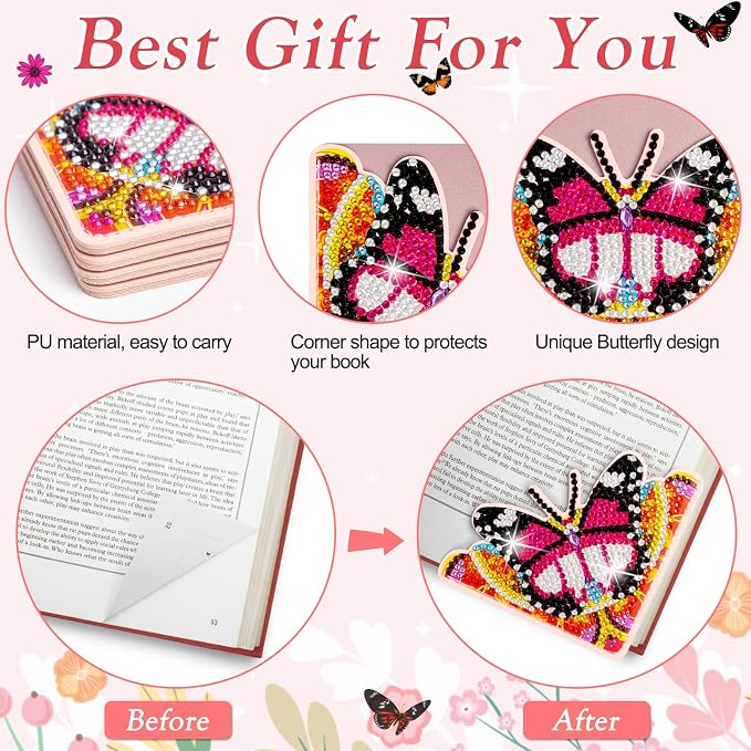 WIVICO 4Pcs Diamond Painting Bookmarks, Diamond Pearl Art Kits for Adults | DIY Diamond Dots Paint By Numbers Kit,Gifts for Book Lovers(Pink Butterfly)