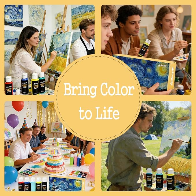 Artkey Acrylic Paint Set, 16 Colors 2 oz/59 ml Acrylic Paint Kit for Professional Artists & Beginners – Van Gogh Inspired “The Burning Sun” Palette for Canvas, Wood, Fabric, Rock, Leather, Ceramic, Glass