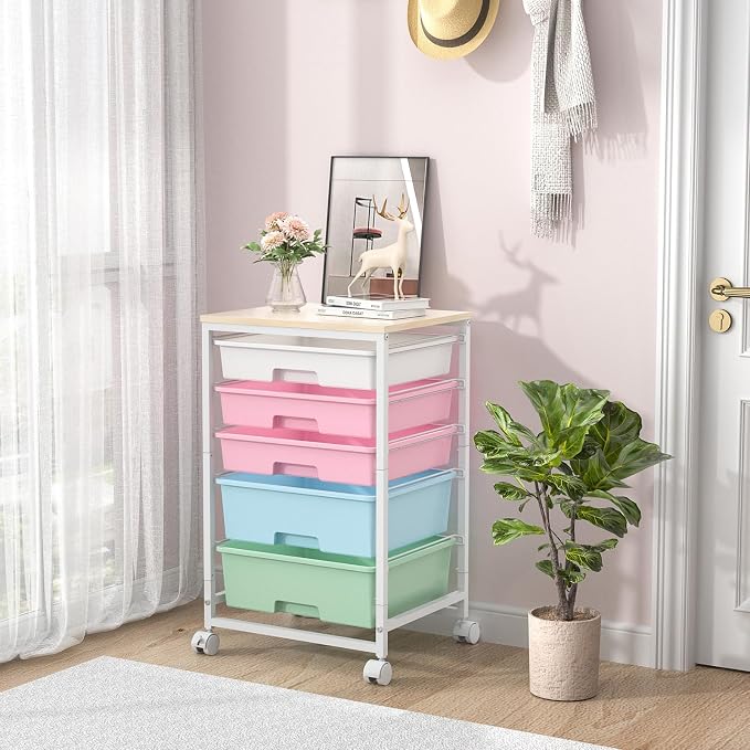 SYKIARIOL Utility Cart with 5 Drawers with Wooden Top, Rainbow | 5-Tiers Storage Cart with Drawers with Lockable Wheels for Craft Organizers and Storage,Home Office,Classroom,Dorm ,Playroom