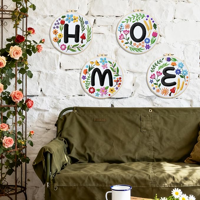 BEUNITONE 4 Set Embroidery Kit for Beginners, DIY Home Theme Pre-Stamped Pattern Needlepoint Kits for Adults with Hoop and Instruction, Funny Hand Embroidery Patterns for Cloth and Home Decor