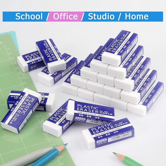 Tamaki Erasers, Large, White, 24 Pack | Erasers for School Office, Art Eraser for Drawing
