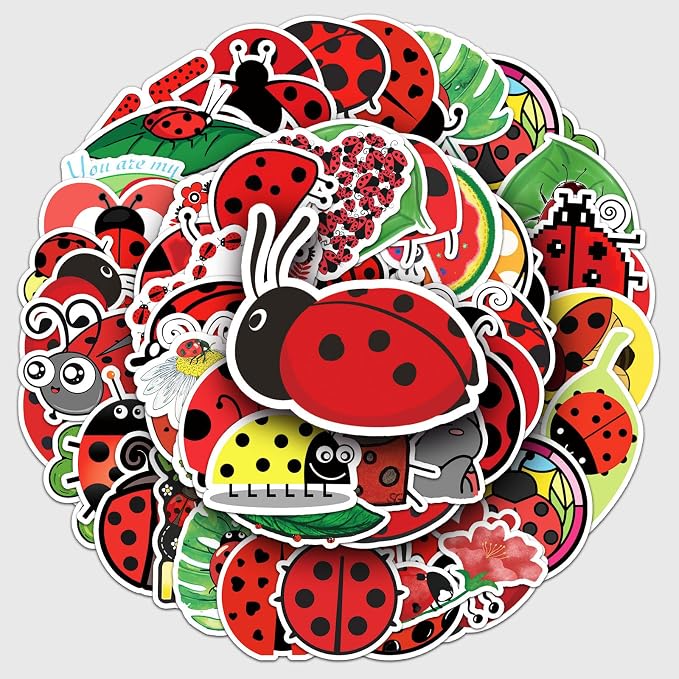 50Pcs Waterproof Ladybug Stickers, Cute Ladybird Vinyl Decals for Water Bottle, Laptop, Luggage, Skateboard, Scrapbooking, DIY Decor (Ladybug)