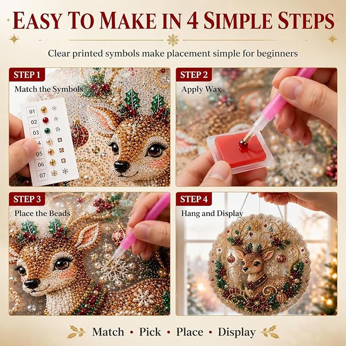 Christmas Pearl Diamond Art Painting Suncatcher Kit, DIY Craft Pre-Assembled Metal Chain, Acrylic Round Board with Lace Edge, 3D Mixed-Sized Pearl Beads Craft, Festive Window Wall Decor