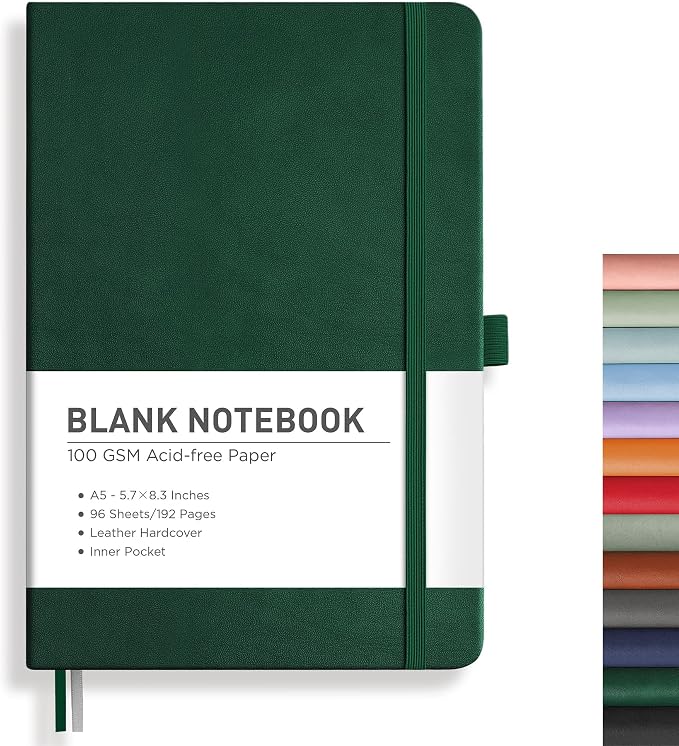 RETTACY Blank Journal Notebook, 192 Pages, A5 Medium Size (5.7'' x 8.3'') | Leather Hardcover, 100 GSM Thick Paper, for Sketching, Drawing, Painting (Dark green)
