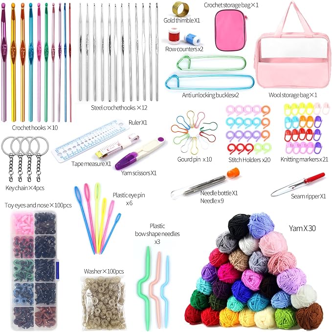 Crochet Kit for Beginners, 336Pcs Crochet Kits with 30 Colors Yarn Set