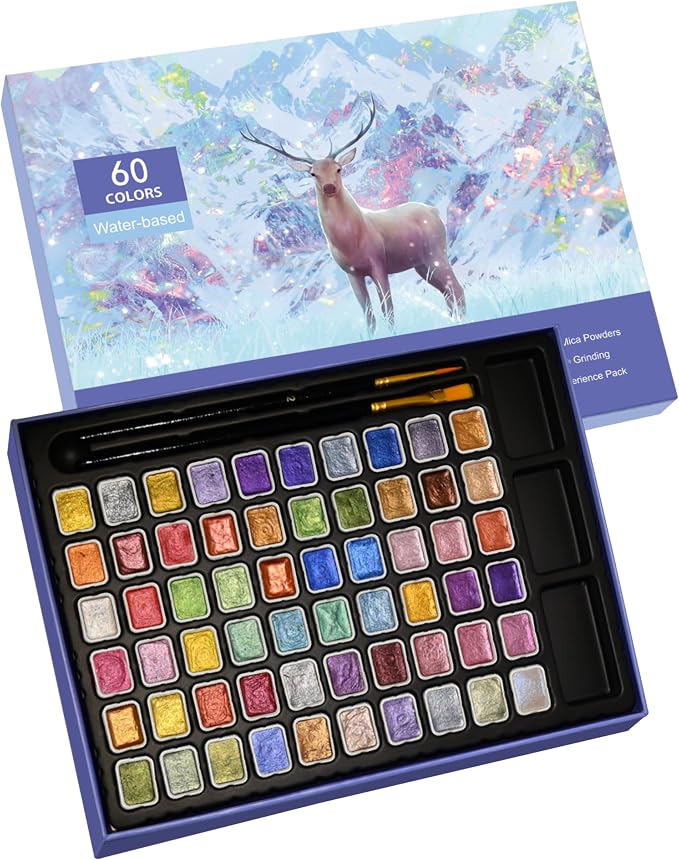 Mini Shimmer Watercolor Paint Set, 60 Colors Glitter Metallic Watercolour Painting Sets, Solid Pearl Water Color Paints for Artists, Amateur Hobbyists and Painting (60 Colours)