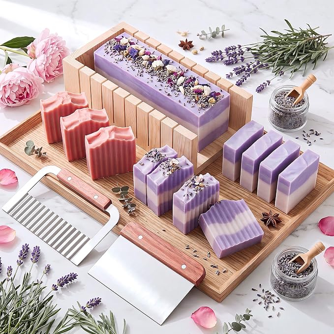 Honeydak Soap Making Kit Complete, 2kg Soap Base, 8 Liquid Dyes, 8 Fragrance Oils, Wooden Cutter Box, 3 Silicone Molds, Stainless Steel Cutters, Packaging Supplies for Beginners & DIY Gift