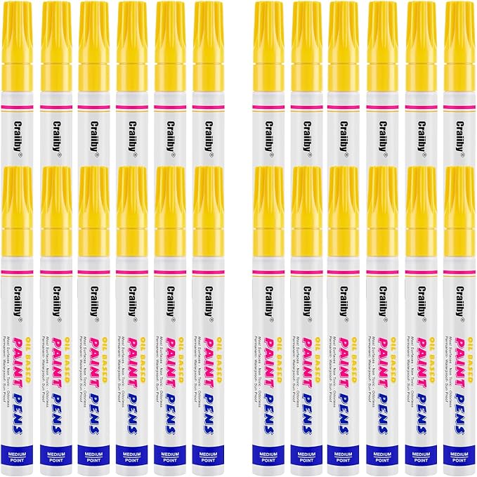 Yellow Paint Markers, 24 Pack Oil-Based Waterproof Quick Dry Permanent Paint Pen Set for Rocks Painting, Wood, Fabric, Plastic, Canvas, Glass, Mugs, Metal, Tire, Stone, DIY Craft
