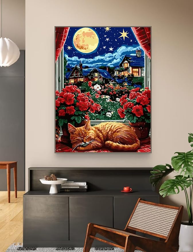 ZRIZQ Paint by Numbers Kit for Adults Beginner,Moon Cat,16x20 | Full set with wooden brushes,rolled canvas,rich paints.Calming activity.Beginner friendly.Just open and paint.