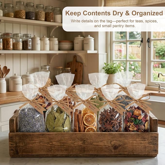 100 Pcs Clear Cellophane Bags 4.7x7" with Raffia Rope & Handmade with Love Tags for Packaging Soap Cookies Candy, Goodie Bag Wrappers for Wedding Christmas Craft Gift Birthday Party Baking Favor Supplies (Brown Tags)