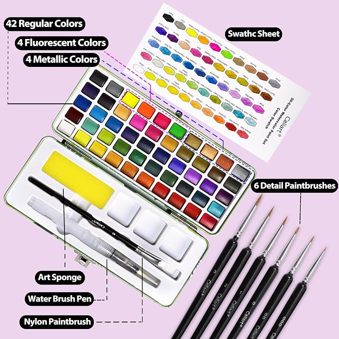 Caliart 50 Colors Watercolor Paint Set, Portable Art Supplies Palette Kit | Travel Water Color Paints with Detail Paintbrush, Art Coloring Painting Gifts for Adults Professionals Beginners Artists