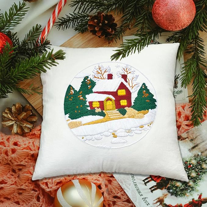 FONNUY Christmas Embroidery Kit for Beginners, Throw Pillow Case Cross Stitch Set Winter Snow House Holly Tree Pattern for Adults, Hand Works Crafts Throw Pillow Cover, 18 x 18'' (White)
