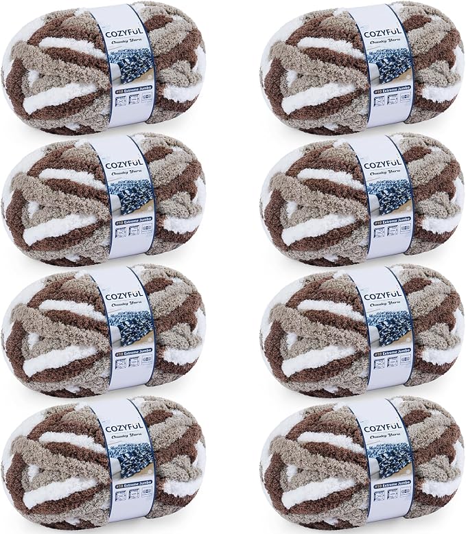 Cozyful Chunky Yarn for Hand Knitting - #10 Chunky Chenille Blanket Yarn, Jumbo Big Thick Chunky Yarns for Crocheting, Tie Dye Bulky Knit Yarns, 8 Skein (20 yds 8 oz Each Skein), Multi Coffee & White