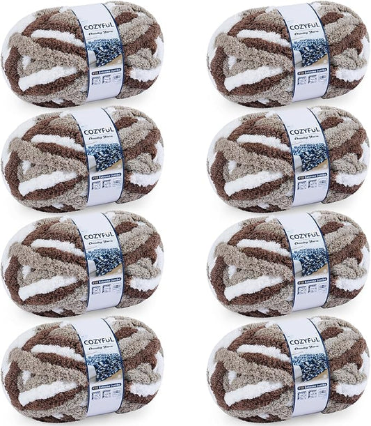 Cozyful Chunky Yarn for Hand Knitting - #10 Chunky Chenille Blanket Yarn, Jumbo Big Thick Chunky Yarns for Crocheting, Tie Dye Bulky Knit Yarns, 8 Skein (20 yds 8 oz Each Skein), Multi Coffee & White