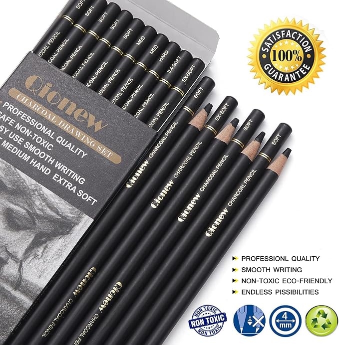 Qionew Professional Soft Medium and Hard Charcoal Pencils Drawing Set 10Pcs | Super Soft, Soft, Medium & Hard Charcoal Pencils for Drawing, Sketching, Shading, Beginners & Artists