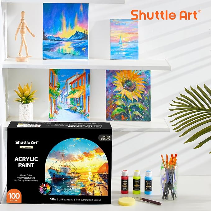 Shuttle Art 100 Colors Acrylic Paint, 2oz/60ml Bottles, Include 2 Sets of 12 Paint Brushes, 1 Art Sponge & Palette, Premium for Artists, Beginners & Kids on Canvas Rocks Wood Ceramic