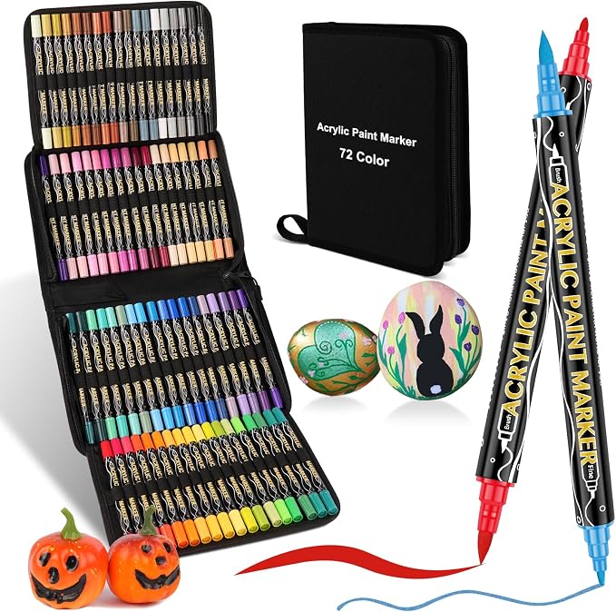 colpart 72 Colors Acrylic Paint Markers,Dual Tip Acrylic Paint Pens,Includes 12 Metallic Brush Tip Fine Tip Markers For Rock Painting,Plastic,Canvas And Diy Crafts Art Supplies