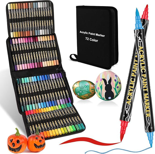 colpart 72 Colors Acrylic Paint Markers,Dual Tip Acrylic Paint Pens,Includes 12 Metallic Brush Tip Fine Tip Markers For Rock Painting,Plastic,Canvas And Diy Crafts Art Supplies