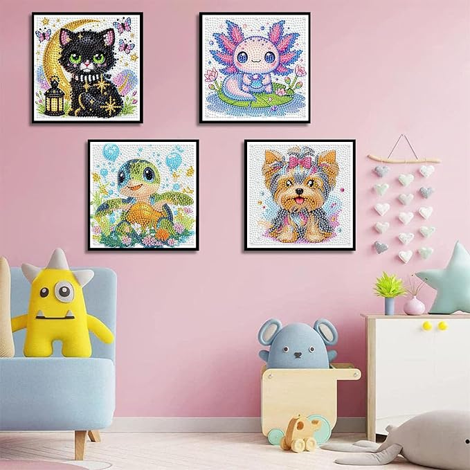 cviokrdu 4 PCS Diamond Art Kits for Kids, Animals Diamond Art for Kids Ages 4 8 12, Cute Turtles Cats Dogs Axolotl Gem Art Kit Crafts Beginners for Gift Home Wall Decor (6x6inch)