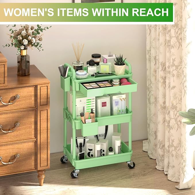 Goovilla 3 Tier Rolling Utility Cart Organizer with Removable Drawer, Green | Stable and Sturdy Rolling Storage Carts with 2 Lockable Wheels for Bathroom, Kitchen, Snack, Craft, Makeup, Baby Essentials