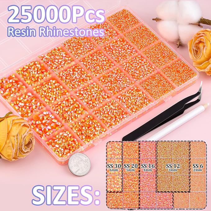 25000Pcs Resin Rhinestones for Crafting, Orange AB 2-6mm Mixed Sizes Non Hotfix Flatback Gems with 1Pcs Glue, Bedazzling Crystal for DIY Craft Clothing Mugs Tumblers Shoes Fabric Decor Nail Art