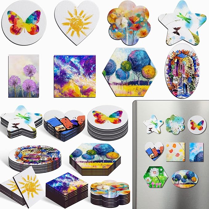Engrowtic 60 Pcs Mini Magnetic Canvas Panel Boards Magnetic Painting Canvas Panel Various Size for Painting Fridge Locker Art Crafts DIY(Classic)