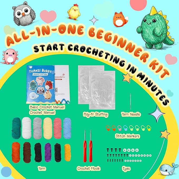 Joyclub Crochet Kit for Beginners 6 Animal Family with Video for Adults | Amigurumi animal with step-by-step video and 40% extra yarn for first projects crochet starter; DIY gifts for adult crafters