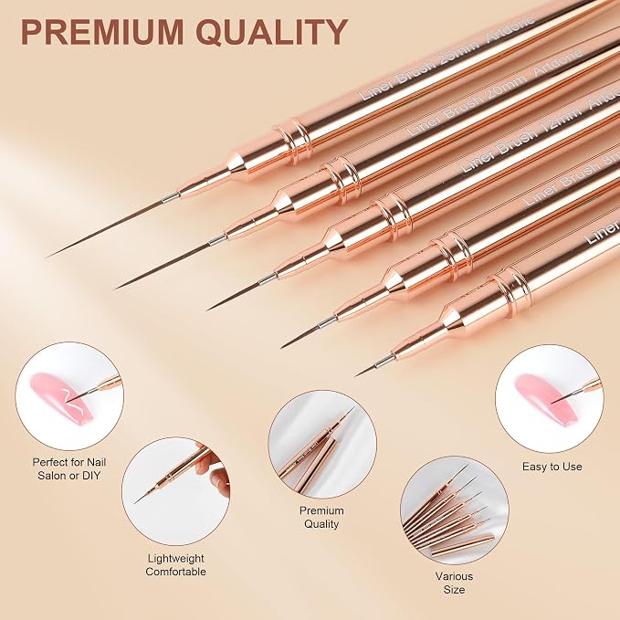 Artdone Metallic Nail Art Pens, Liner Brushes Set, 5PCS Gold Nail Tools