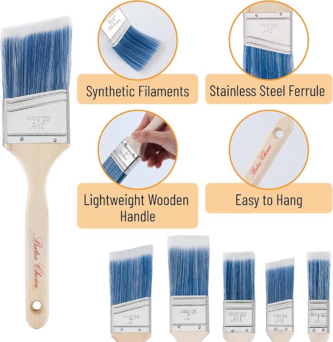 Bates- Paint Brushes, 6 Pack, 1", 1.5", 2" Angle Brushes, Wooden Handle | for Walls Stain Furniture Interior Painting & Detail Work