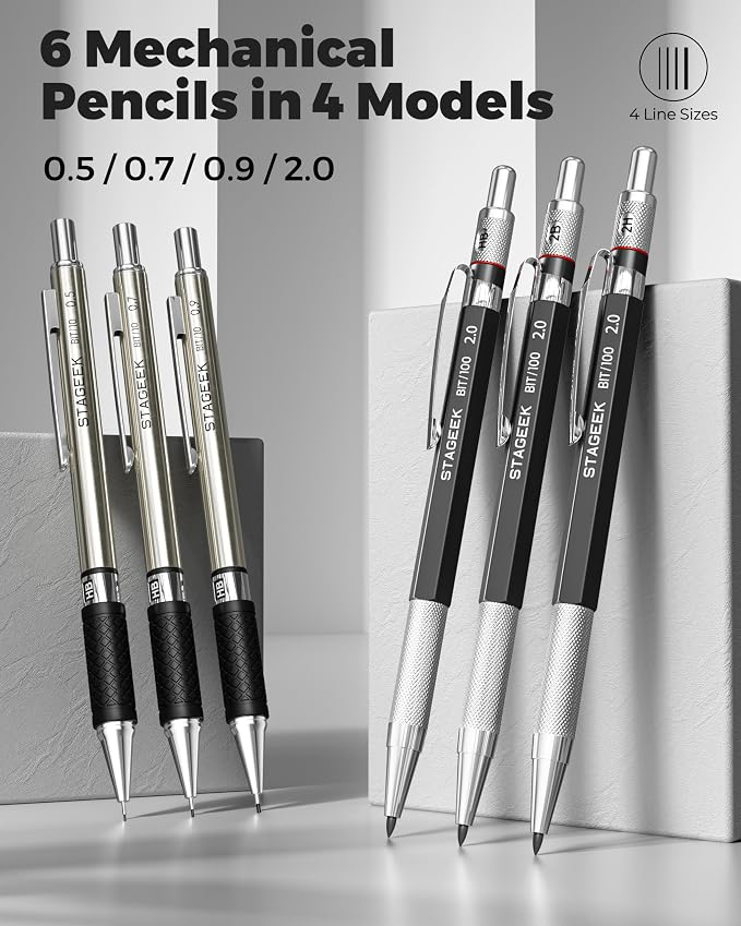 STAGEEK 34PCS Mechanical Pencil Set with Case, 0.5, 0.7, 0.9 ＆ 3PCS 2mm | Drawing Pencils with 384PCS Lead Refills (6B 4B 2B HB 2H 4H Color), Erasers, Sharpeners, Artist Pencil for Sketching Drafting