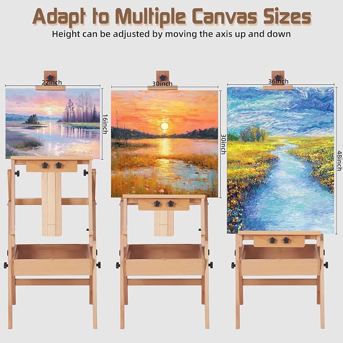 Beech Wood H-Frame Easel for Painting with Tray & Drawer, Natural