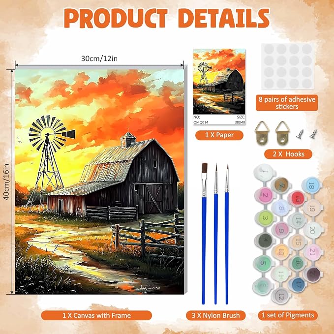 DOMROM Framed Paint by Numbers Kit for Adults Beginners, DIY Farmhouse Barn Paint by Number Kit on Canvas, DIY Oil Painting Kits for Home Wall Decor Gift 12x16inch