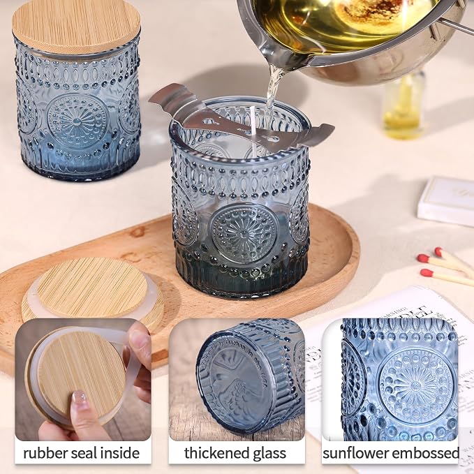 DARJEN 10 Pcs 8oz Glass Candle Jars with Lids, Candle Containers Tins-Blue | Premium Thick Glass, Secure Wooden Lids- Candle Jars for DIY Candle Making, Stunning Sunflower Design