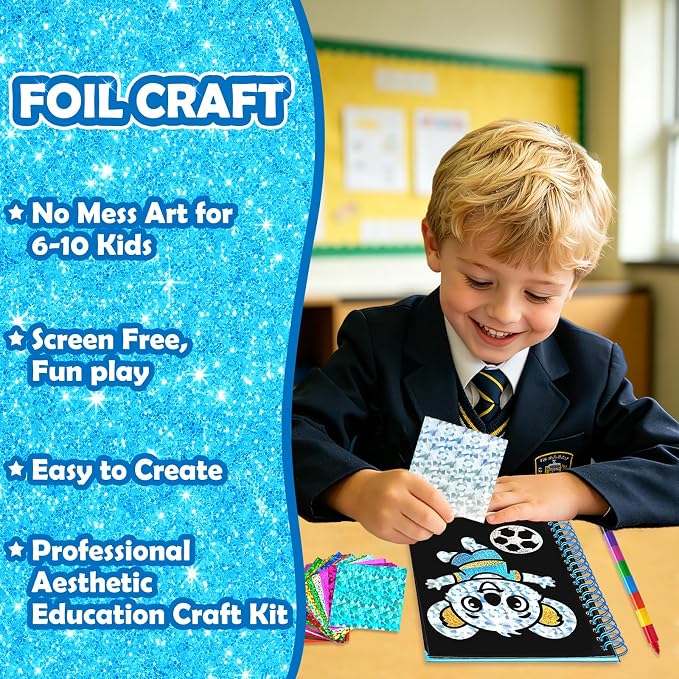 FUNNYB&G Foil Art Craft Kit for Kids, Sparkly Birthday Gift Toy for Boys | No Mess, Kids Ages 4-10 Create Sparkling Artwork, A Creative Gift for Birthdays, Holidays, Travel Activities,Screen-Free Fun