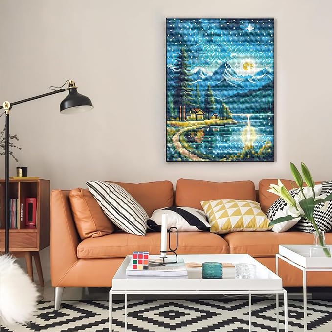 Diamond Art Kits for Adults, Moon Lake DIY Diamond Painting for Beginners | 12x16 Inch, Full Drill Round Dots, Lakeside Villages 5D Gem Art Craft Kits, Home Decor, Stress Relief Relaxing Hobby Gift